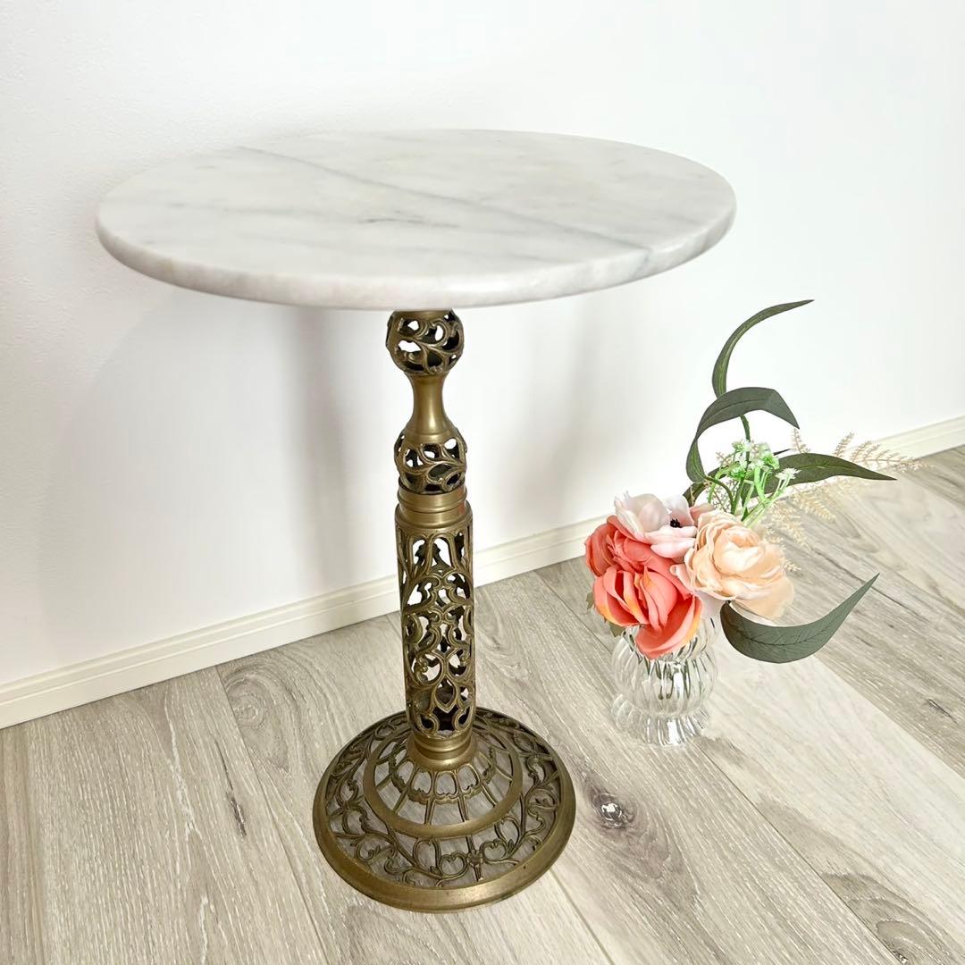 アンティーク 真鍮製 ヴィンテージ 大理石 サイドテーブル 花台