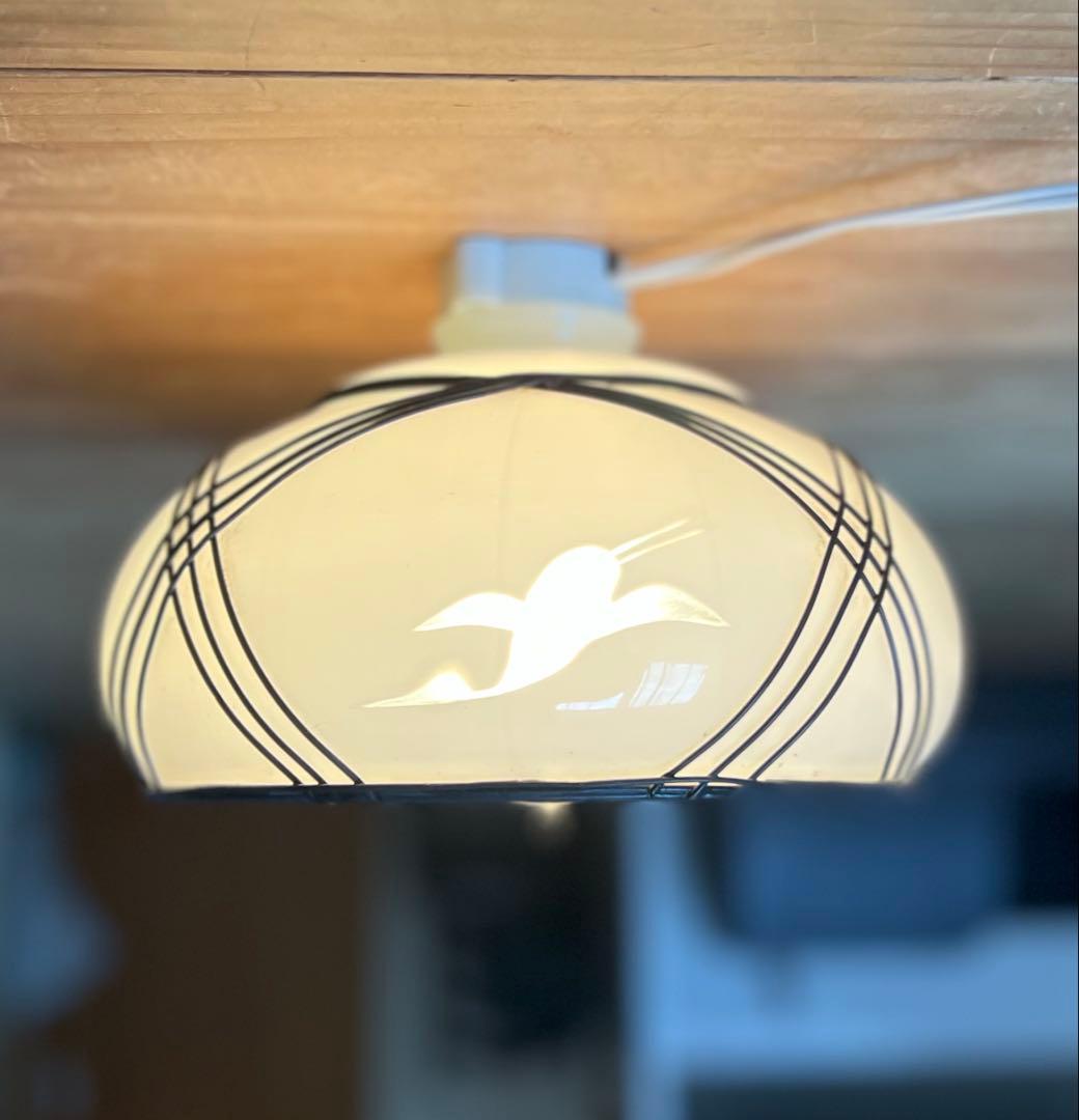 レトロ　電笠　鶴　和ガラス　ランプシェード　灯り　照明　古民家　古道具　カフェ 大正・昭和 電笠 電傘 ランプシェード 乳白 照明 レトロガラス 和電笠