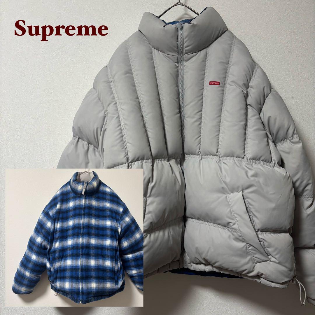 人気✨Supreme ダウンジャケット リバーシブル チェック柄 M グレー×青