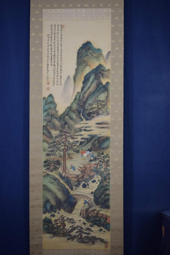 真作】東伯/青緑山水人物画賛/掛軸☆宝船☆Y-167 JM