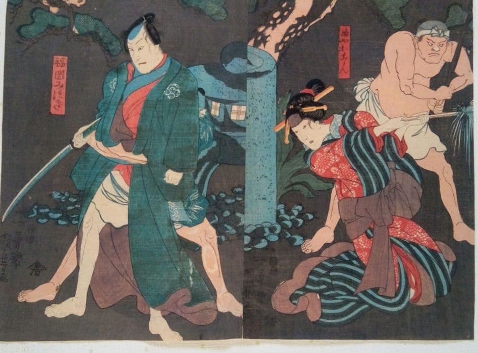 浮世絵、伊勢音頭恋寝刃(役者絵）二枚綴り二枚つながてます。歌川国芳