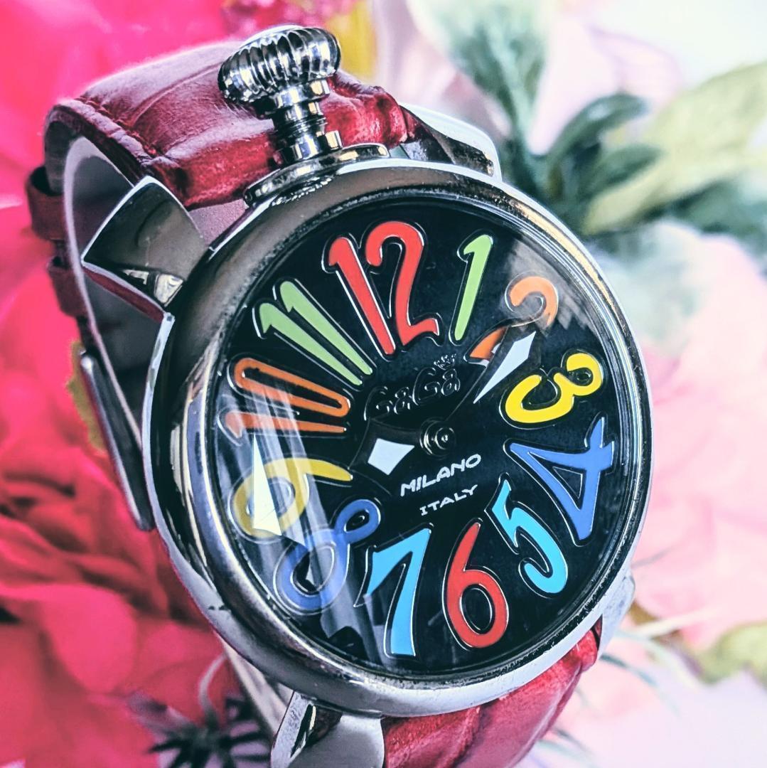 良品 ガガミラノ レディース腕時計マニュアーレ40 ピンクベルト個性派