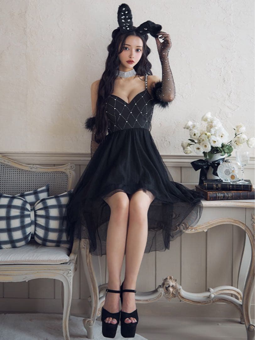 バニービジューフレアワンピース　xsサイズ ハロウィン】 バニービジューフレアワンピース 【コスプレ5点セット