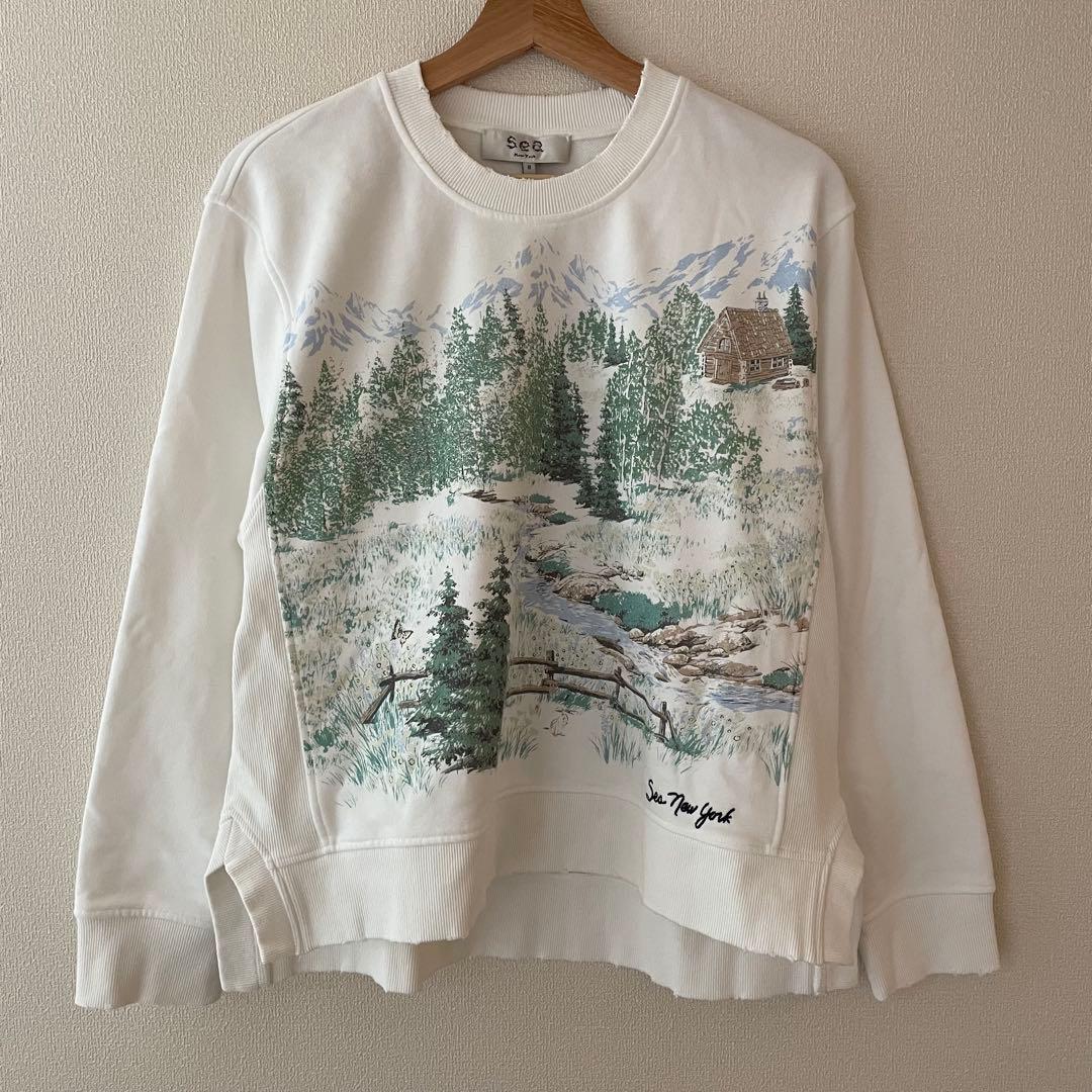 定価3.8万円　Sea New York Andes 刺繍スウェット トレーナー ポンチスウェード ヒゲ刺繍 クルーネック トレーナー