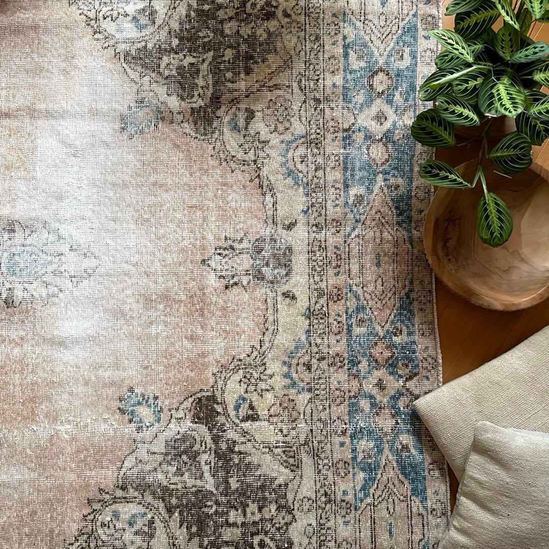 106×141 ターコイズブルー×ブラウン　淡いベージュ　トルコヴィンテージラグ vintage-rug-isparta-