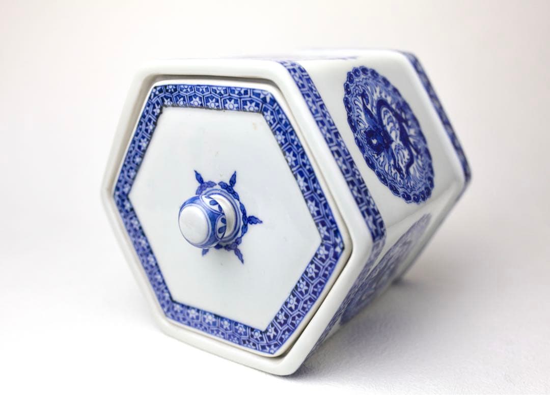 大正期 平安三国丹祐 染付『倣明窯青華龍文』六角水指団龍の絵代わり