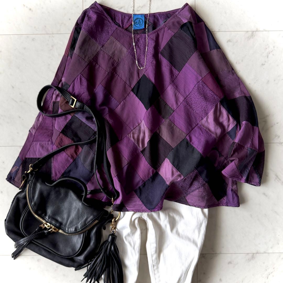 美品 ヨーガンレール コットンシルク パッチワークブラウス M パープル 絹 ヨーガンレール（JURGEN LEHL） 【美品/定価5.5万】ヨーガンレール