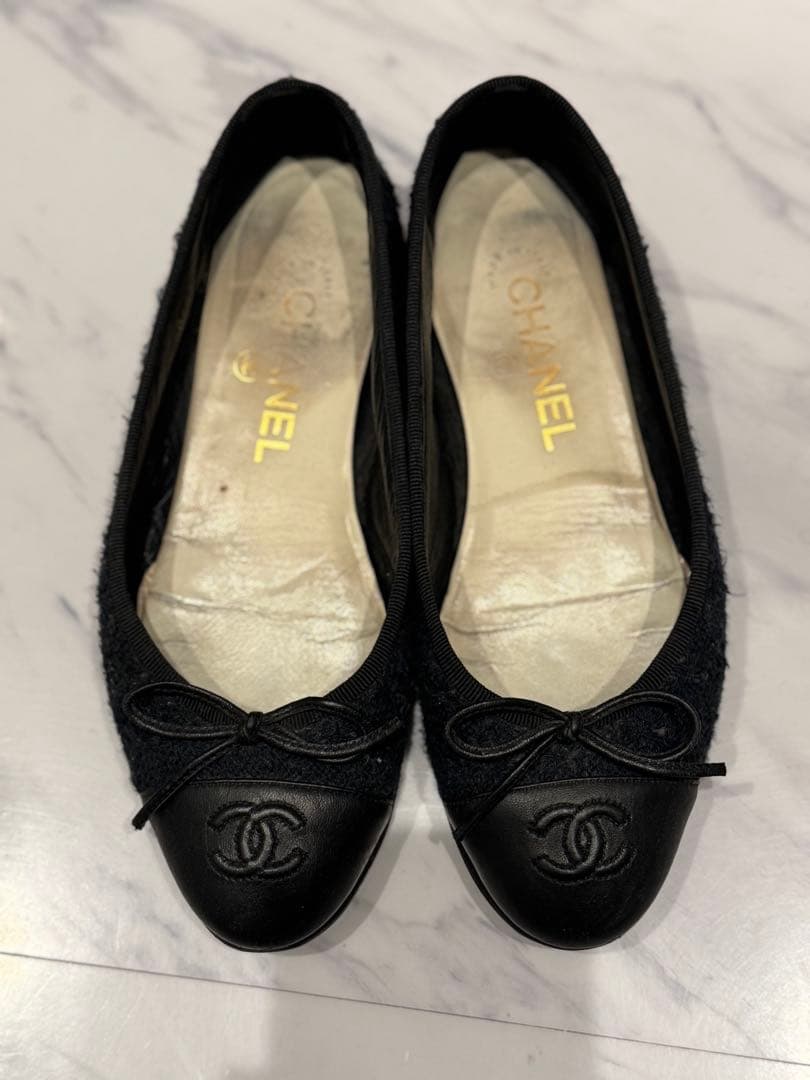 CHANEL シャネルバレエシューズ 黒ネイビーレースフラットシューズ36