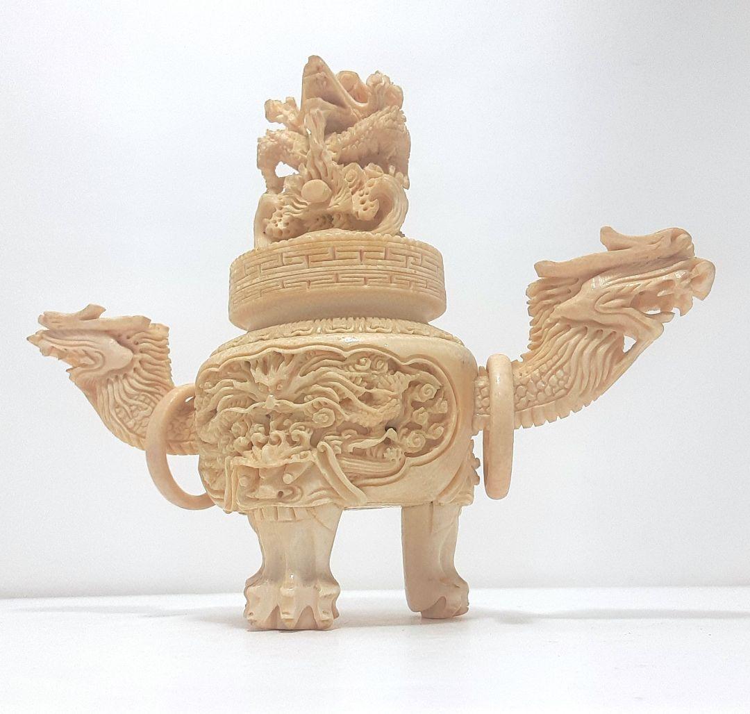 Y1180 極上 彫刻 細密造 龍細工 獅子香炉 重量186g 高さ12.5㎝