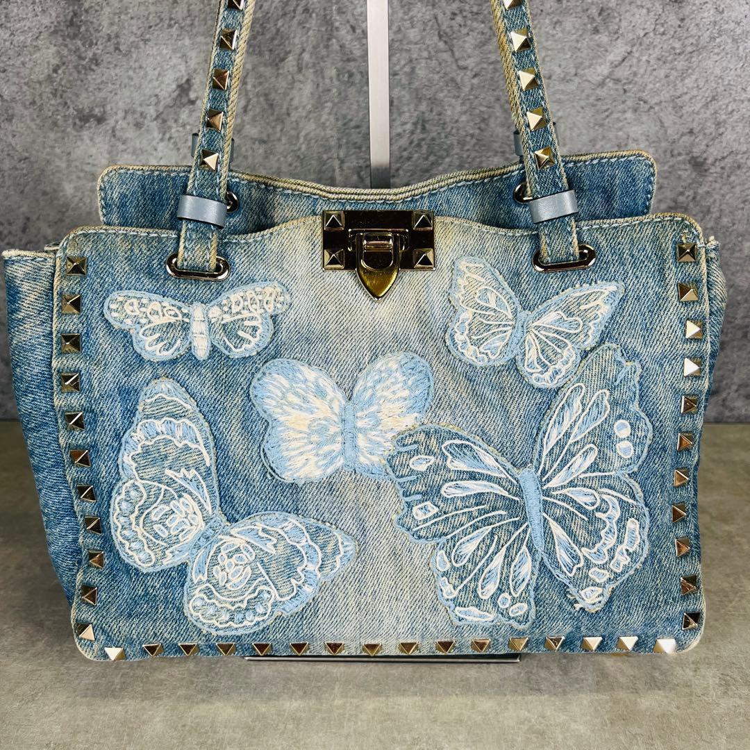 Valentino デニム 蝶 刺繍 スタッズ 2way ハンドバッグ VALENTINO