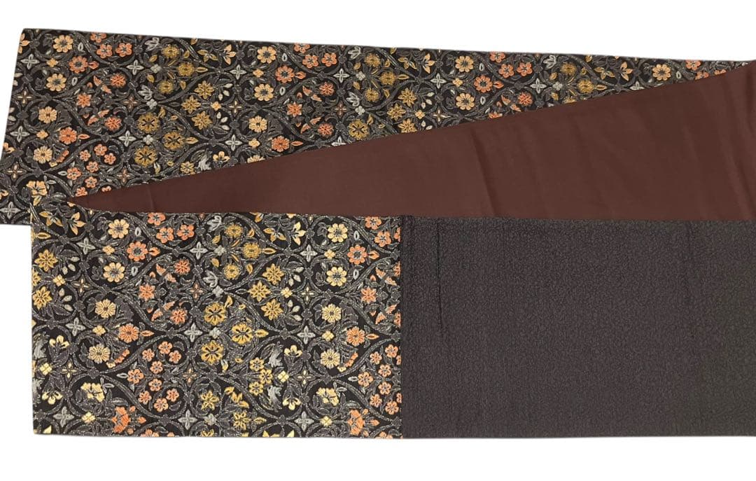 本草木柿渋染 伝統工芸士福本久人 袋帯 六通柄 正絹 花唐草 未使用 イ6371