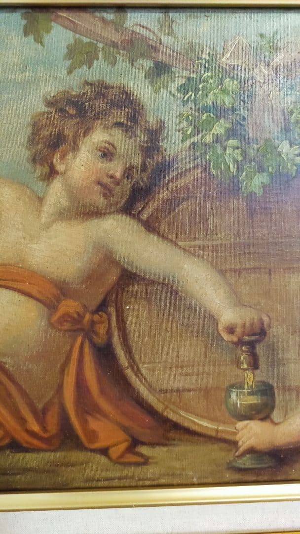 アンティーク油絵 子供と杯の絵 アンティーク油絵 子供と杯の絵