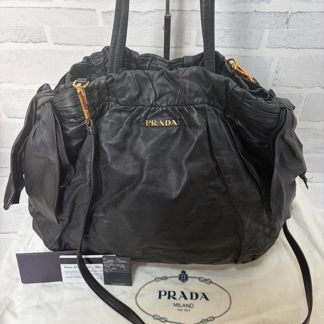 PRADA プラダ リボン 2way ハンドバッグ オールレザー ブラック 黒
