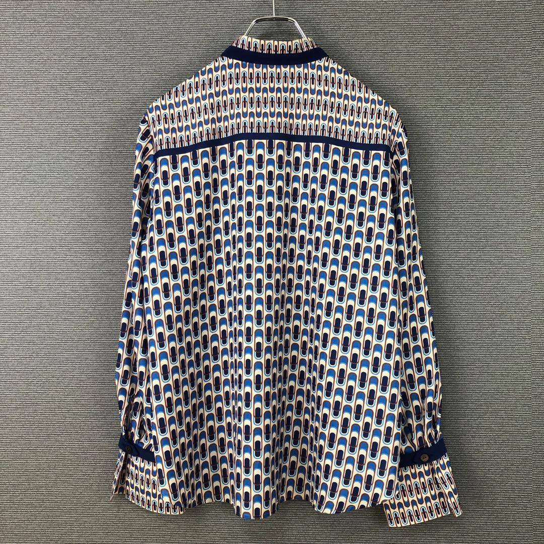 allureville 幾何学プリント配色ナロータイブラウス 2 ブルー