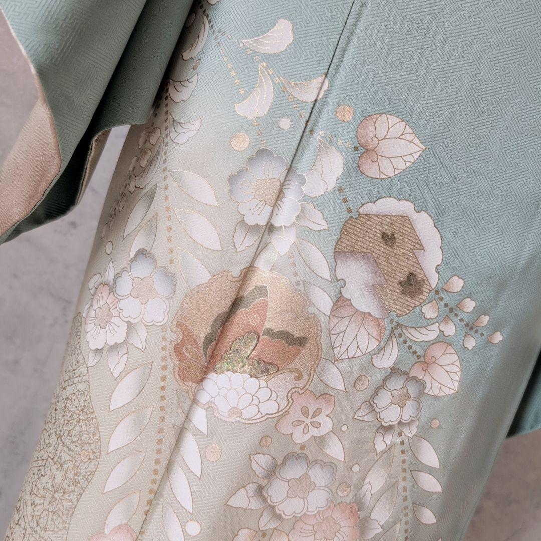 訪問着 フルセット 着物 正絹 花 蝶 金彩加工 緑茶 おしゃれトール