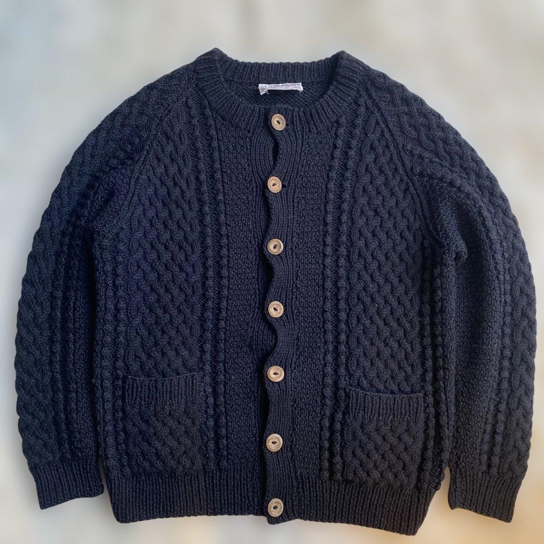 【希少 茶タグ】インバーアラン 4A スコットランド製 ブラック 40 L 黒 INVERALLAN/インバーアラン 4A CREW NECK CARDIGAN SoftDonegalの通販