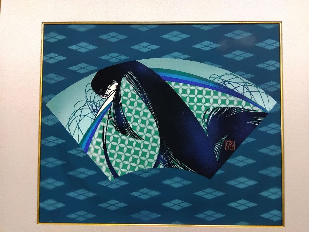 真作刀勢画 【扇面美人画】 宮田雅之 一点もの作品 額装 共シール