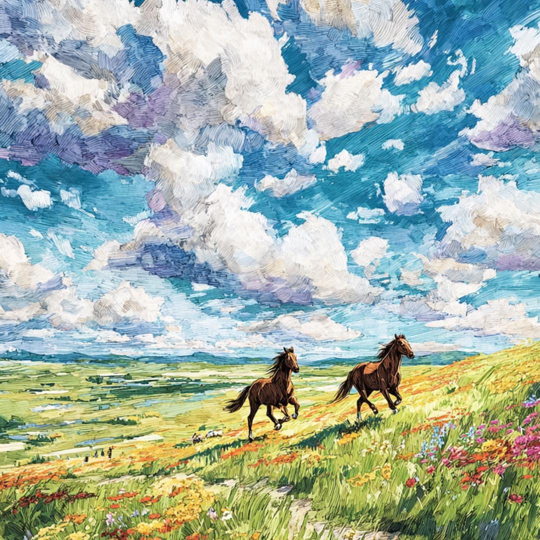 A4草原を駆ける茶色の馬たち｜19世紀風ロマンチック風景アート - メルカリ