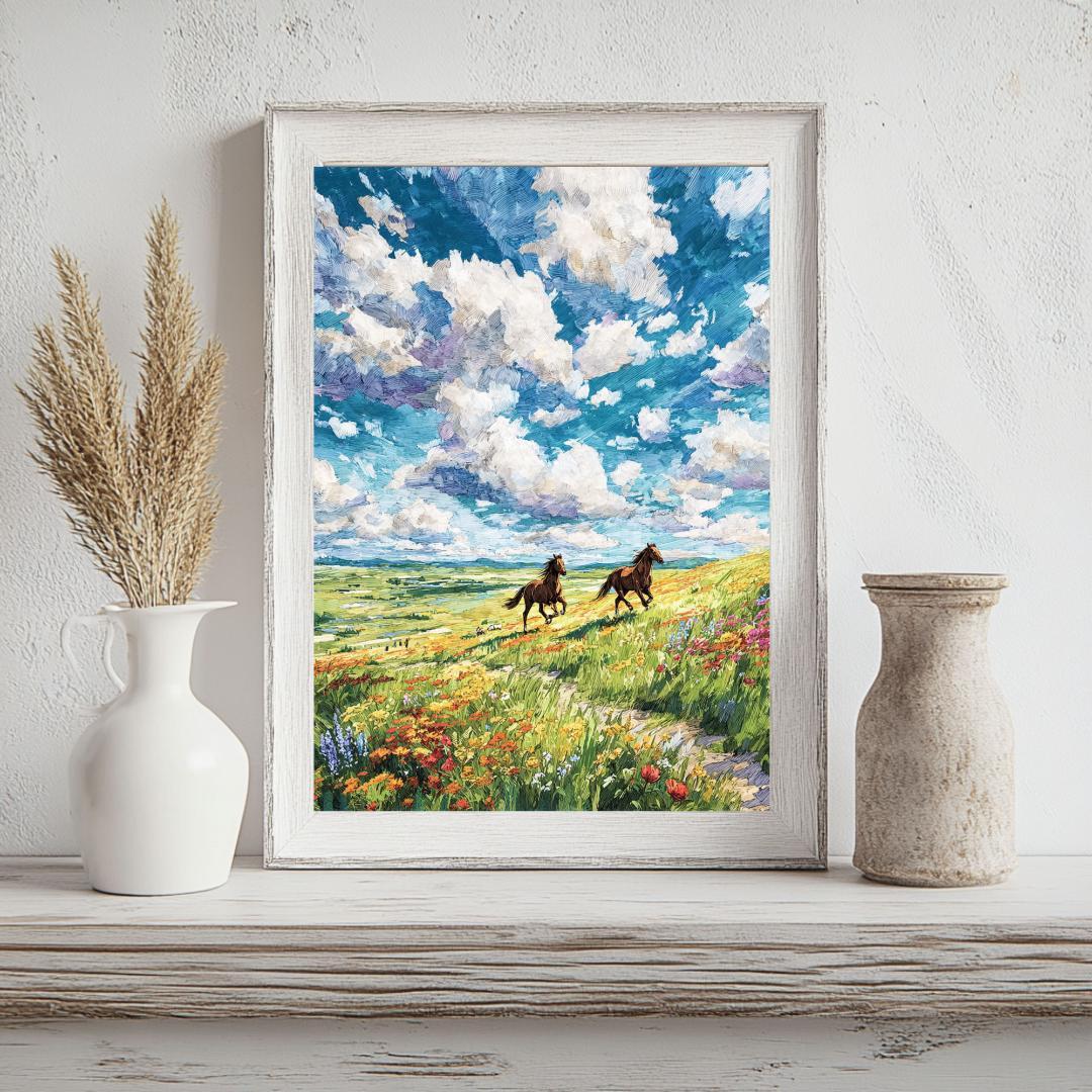 A4草原を駆ける茶色の馬たち｜19世紀風ロマンチック風景アート - メルカリ