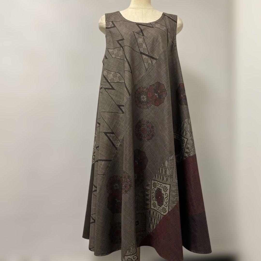 着物ワンピーステントラインロング丈《16》大島紬(龍郷柄7＆9マルキ)L〜L L