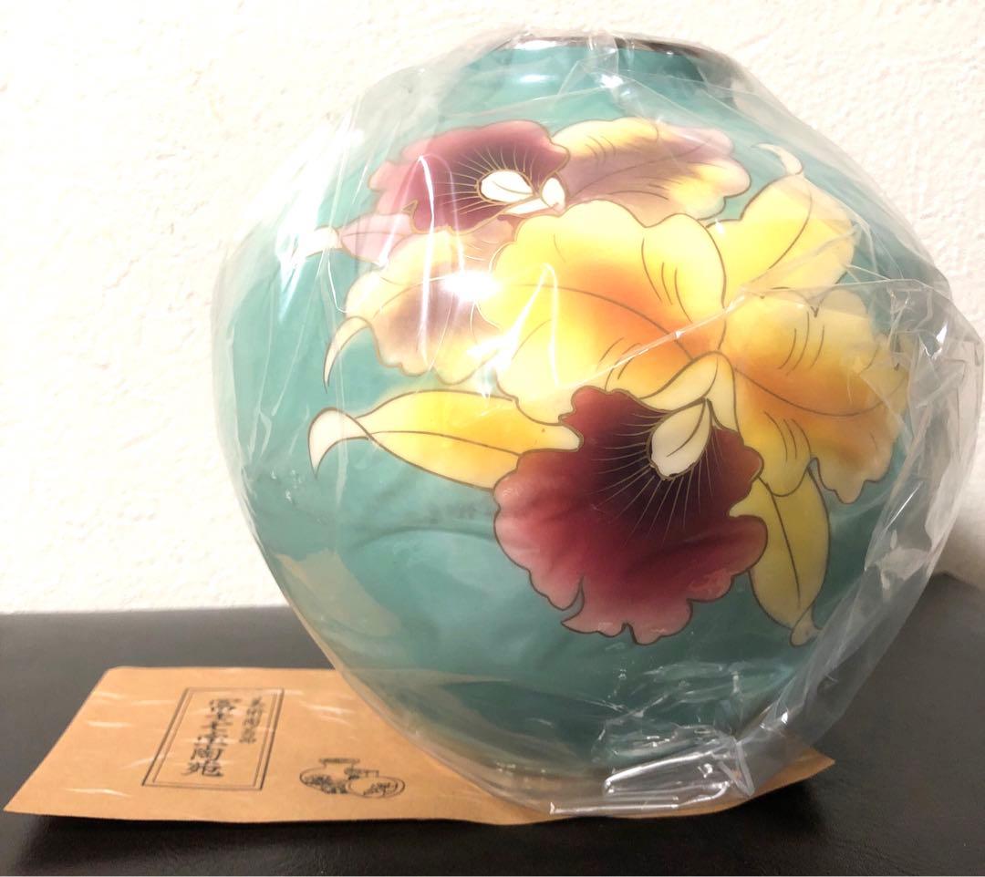 未使用】 富士七宝陶苑 七宝焼 花瓶 花入 フラワーベース カトレアが
