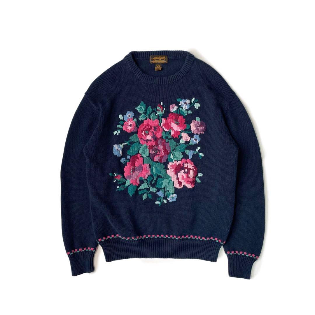 90’s Eddie Bauer 黒タグ コットンニット 花柄 刺繍 セーター Eddie Bauer（エディーバウアー） 古着 70~80年代 黒タグ コットン