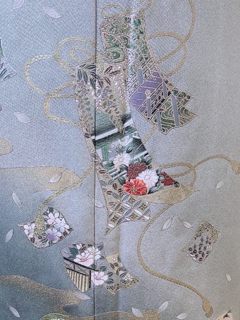 極美品 正絹 訪問着 フルセット 裄68 卒業式 入学式 結婚式 袋帯 青 緑