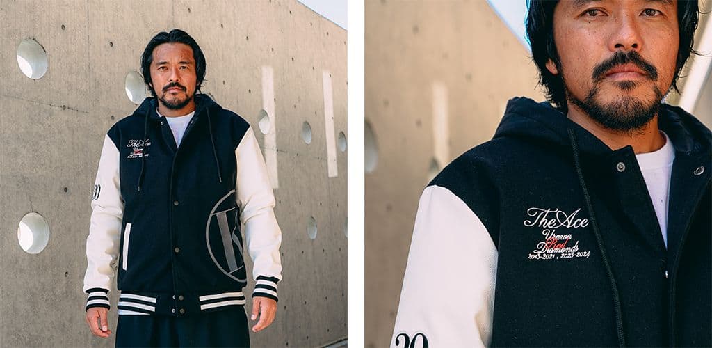 興梠慎三　フード付きスタジャン ブラック/ホワイト