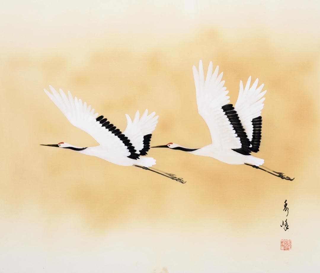 F10 肉筆水彩 日本画 『鶴』 高級木製額縁付属 外寸約713×638mm