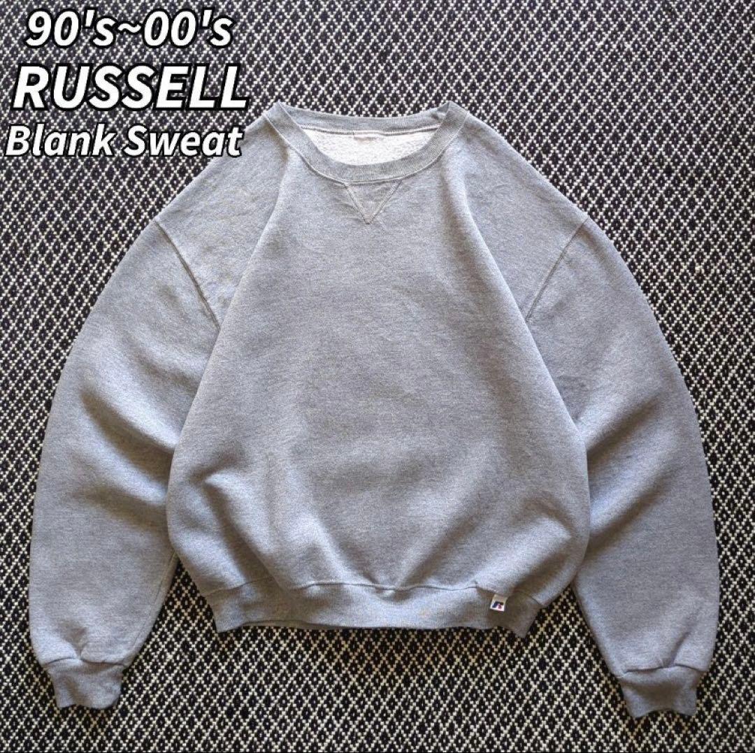 90s 00s ラッセル スウェット 前V ブランク 杢グレー 無地 古着 L
