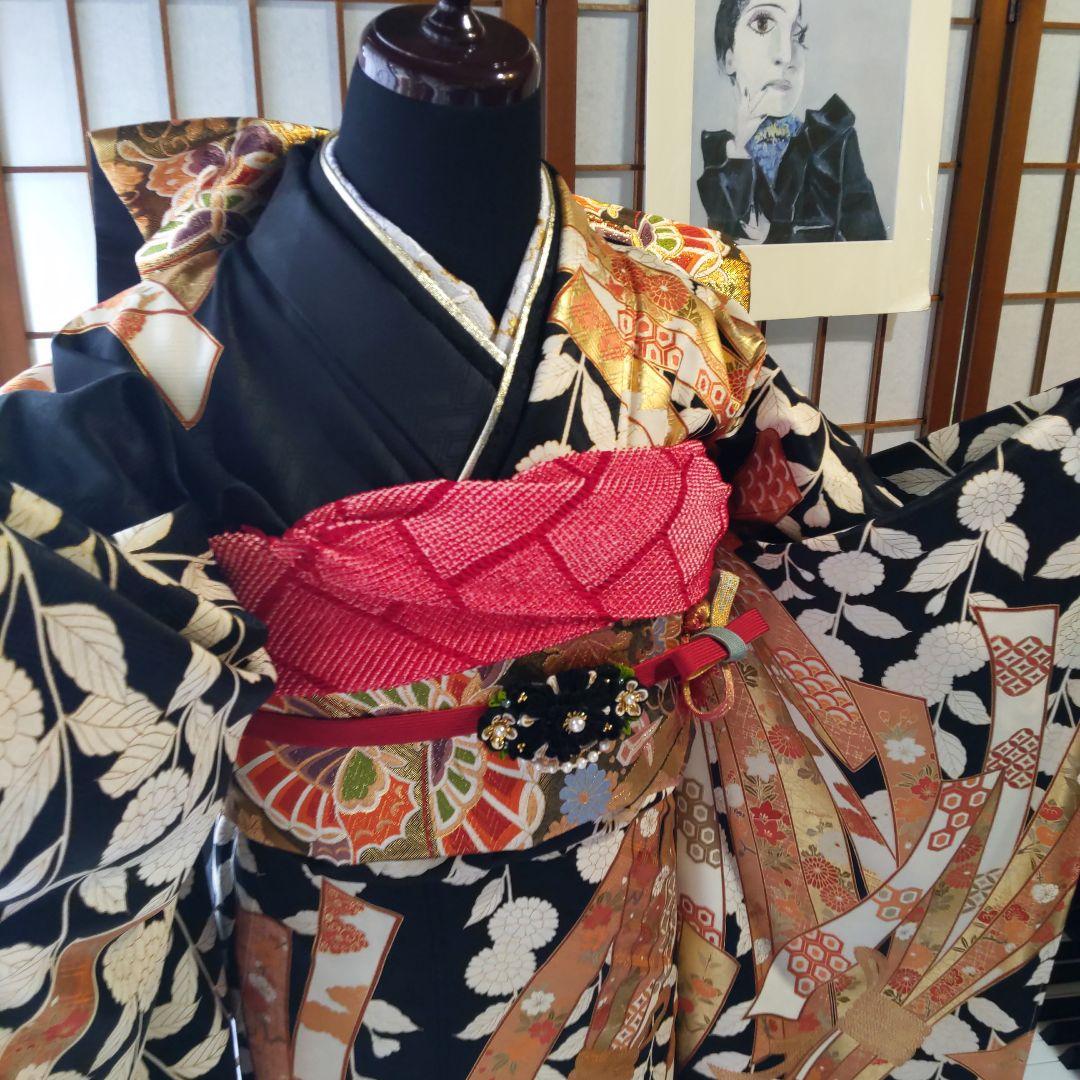 409黒しつけ付 束熨斗 落款 正絹8点振袖フルセット成人卒業結婚式