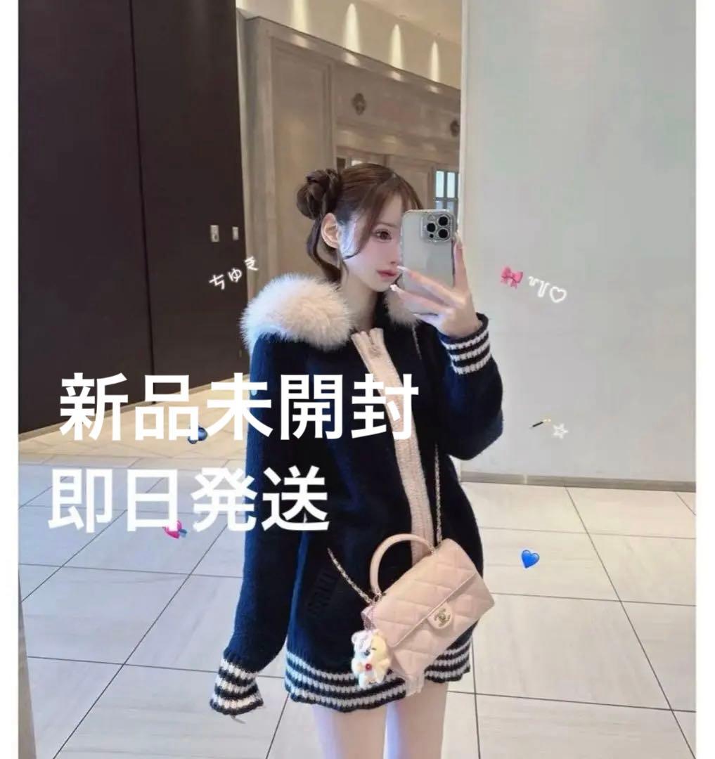 LumignonルミニョンBig Fur knit hoodieネイビー×ピンク - メルカリ