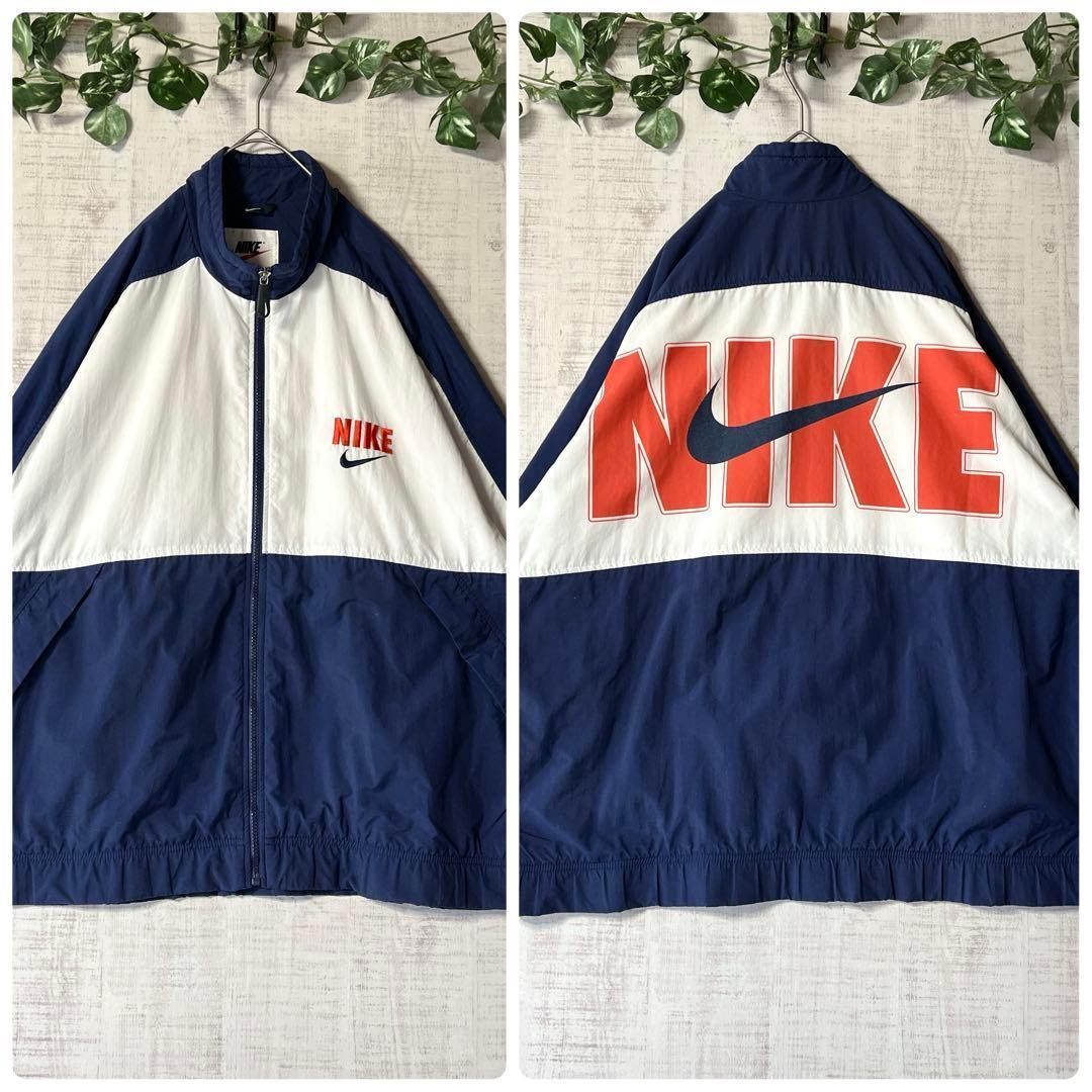 90s NIKE ナイキ ナイロンジャケット 銀タグ ビッグロゴ 紺白 刺繍 M 93年製 NIKE Logo Nylon Jacket 紺白 XL 銀タグ 90s ナイキ ナイロン