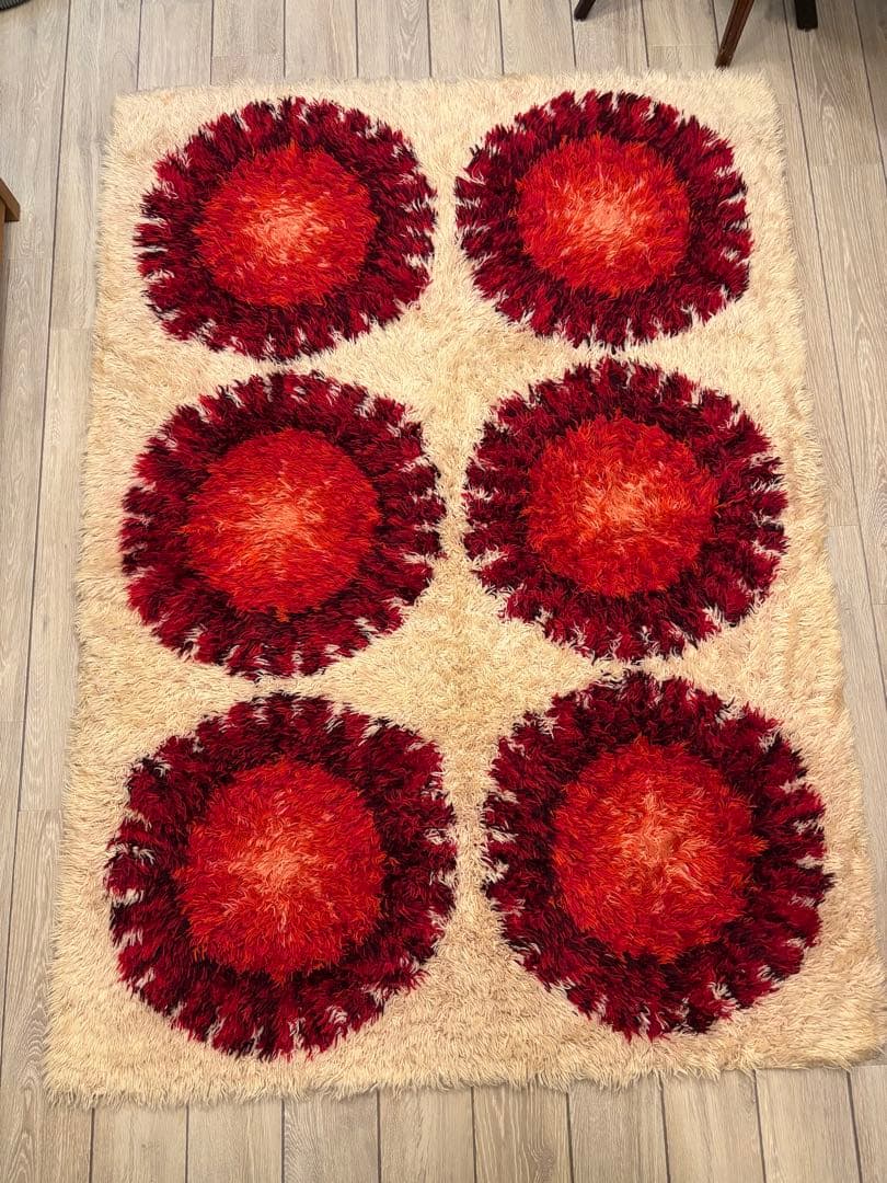 1960-70s ヴィンテージ　シャギーラグ ヴィンテージ風ラグ ウール100％ 黄色絨毯 [NR5603アンティーク