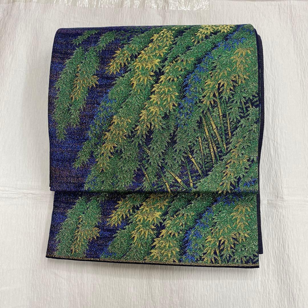 7375 未使用品 袋帯 正絹 六通 訪問着 色無地 付下 竹林 青 紫 緑