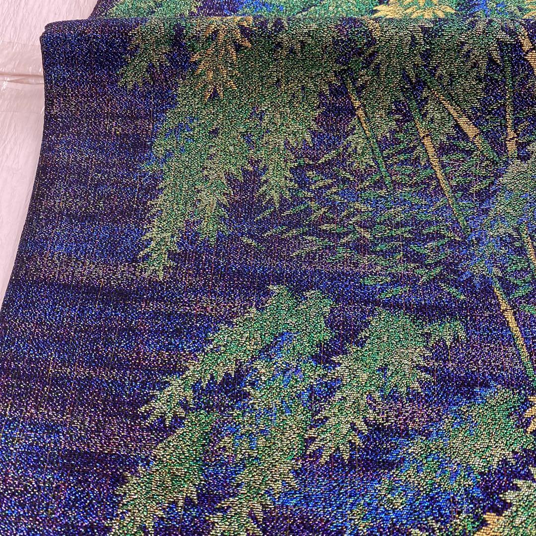 7375 未使用品 袋帯 正絹 六通 訪問着 色無地 付下 竹林 青 紫 緑