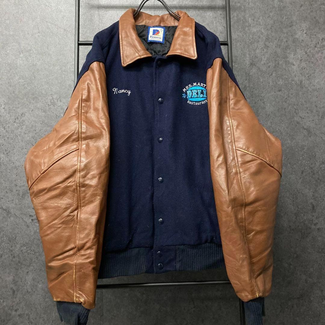 《US古着》企業 ウール・レザー 本革 中綿 スタジャン 刺繍ロゴ メンズXL