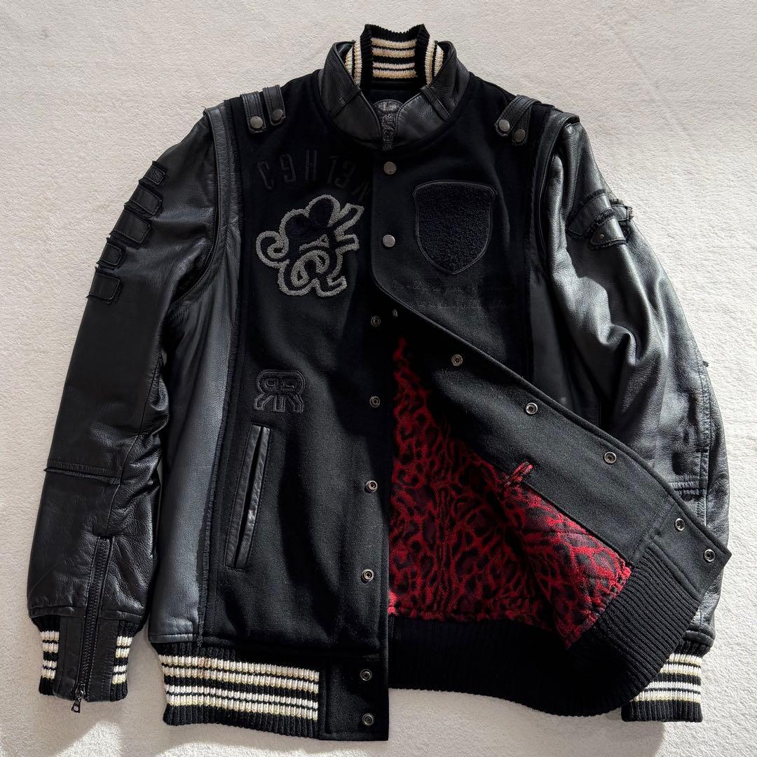 Roen レザー切替スタジャン　Y2K 2way ディアスキン　刺繍　黒　L 中古・古着通販】Roen (ロエン) Roen 袖レザースタジャン ブラック