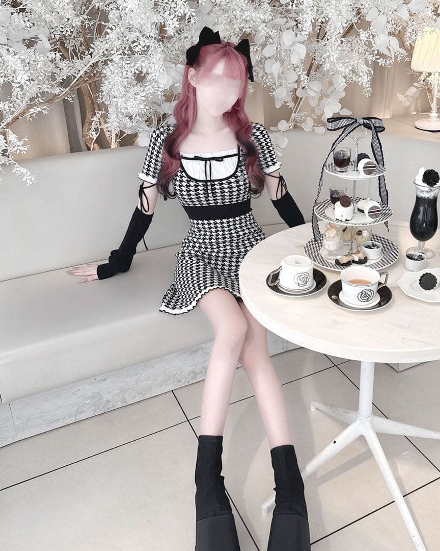 HONEY MEW アームカバー付きバックリボン千鳥ワンピース