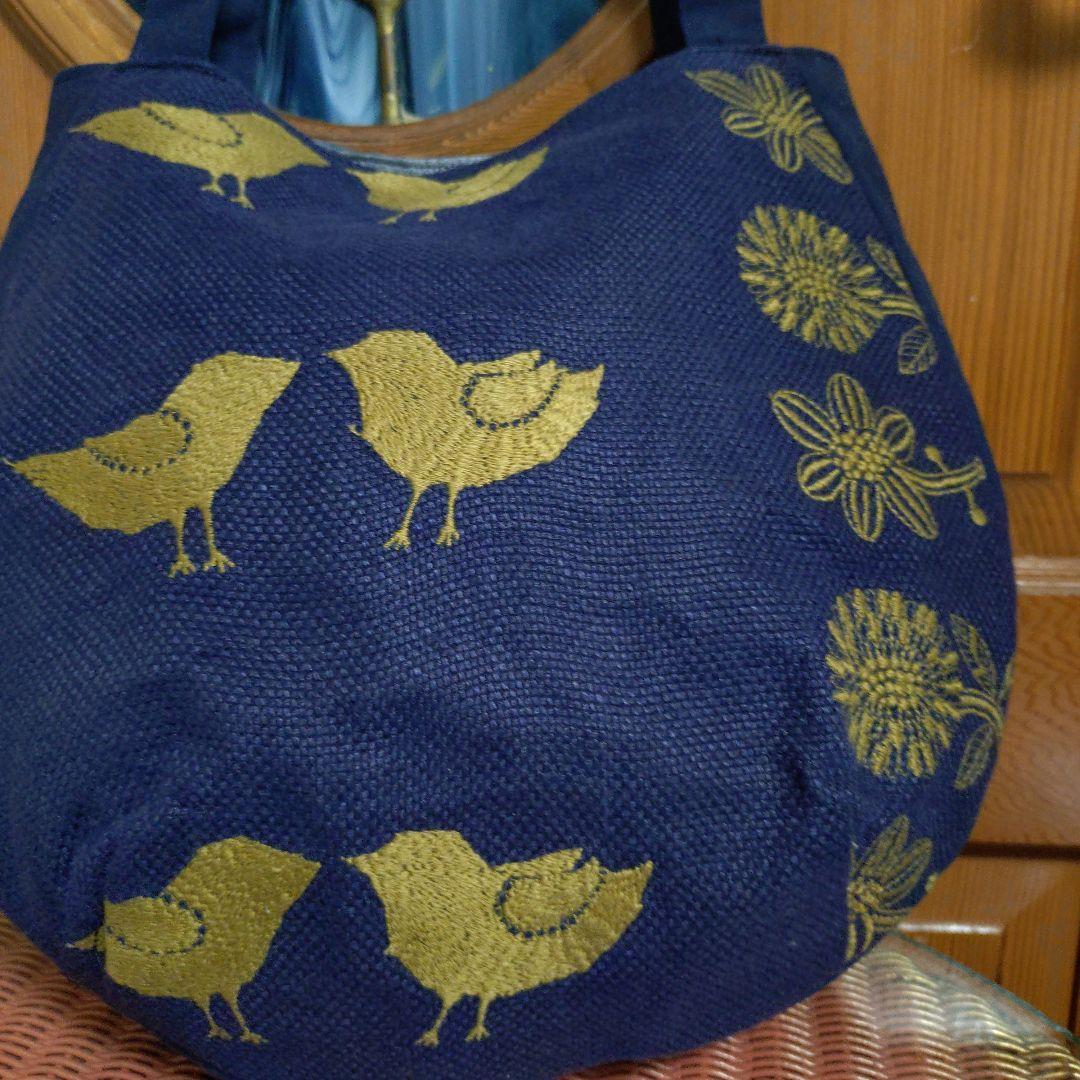 未使用 ハンドメイド ミナペルホネン ネイビー鳥と花刺繍トートバッグ