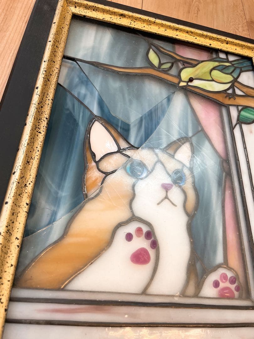 Toto garden 剱持敬子さん作 猫のステンドグラス 額付 （破損あり