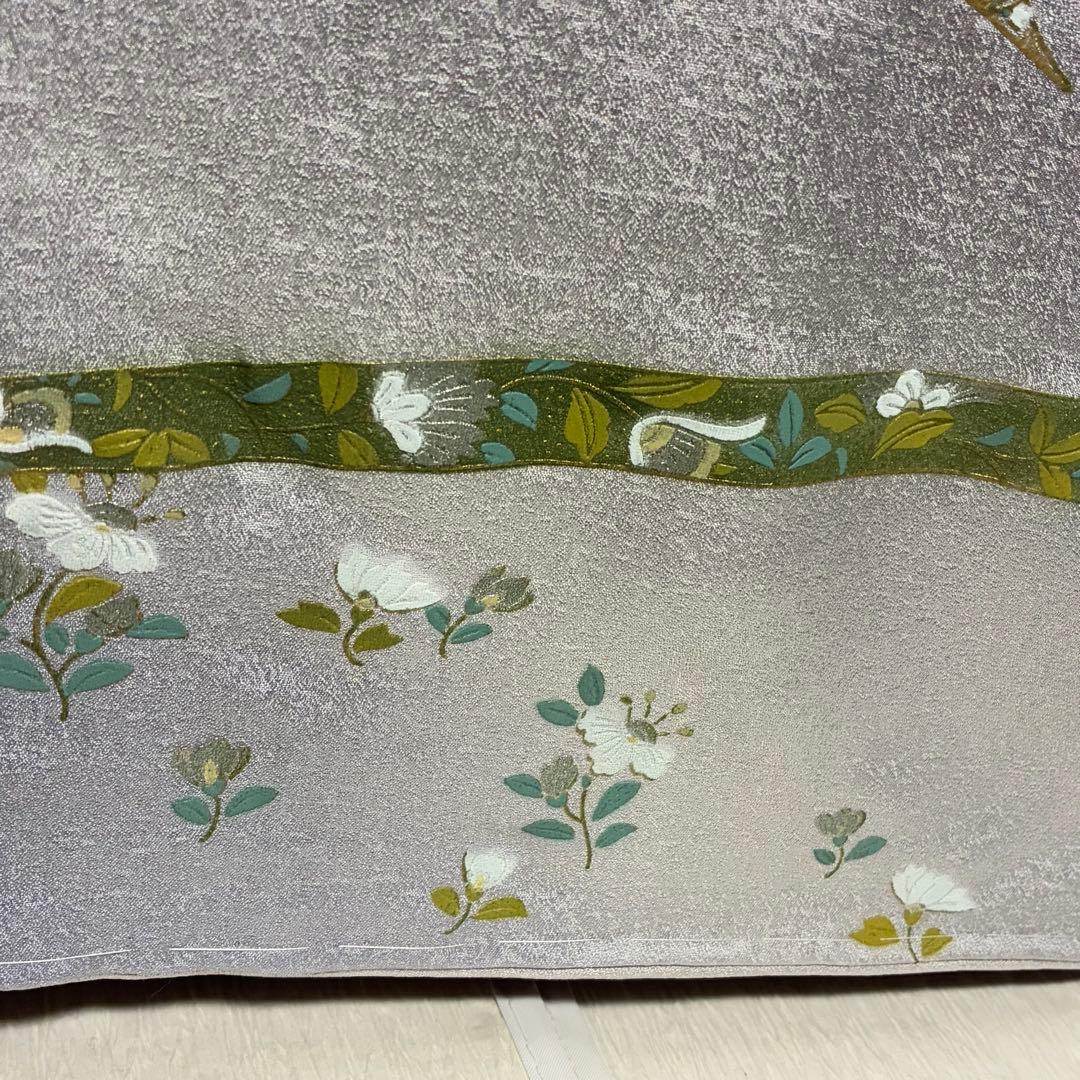 D305 訪問着 華文 花模様 グレー 正絹 着物 袷 しつけ糸付き未使用極美