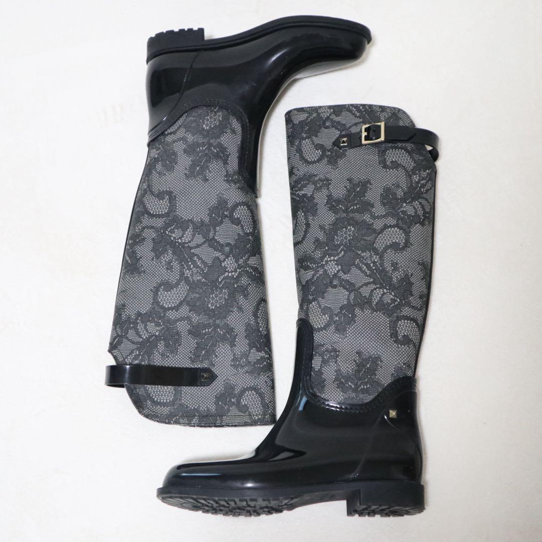 ヴァレンティノ レインブーツ 長靴 レース 刺繍 スタッズ ベルト