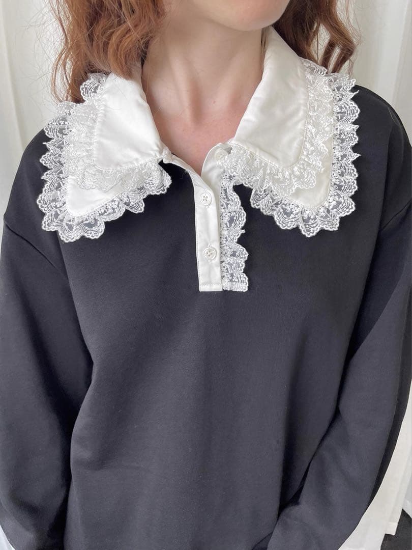 Loosesmell 付け襟 長袖トレーナー ブラック フリルレース