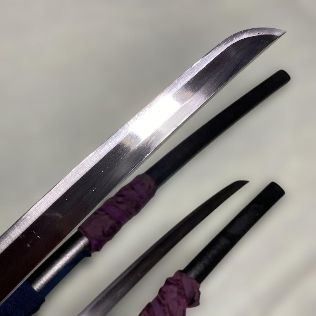 高級模造刀大小２本(刀袋付) 青柄 鶴羽透し丸鍔 黒梨地鞘