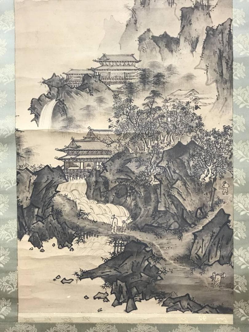 模写】雪村/秋冬楼閣山水図/山水図/人物図/双幅/掛軸/名家伝来/AC-533