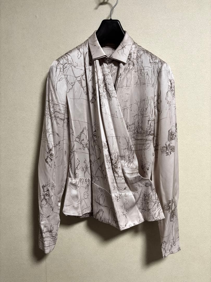 エルメス HERMES シルク カシュクールブラウス HERMES】エルメス『シルク 長袖シャツ MUSEE 博物館 size40