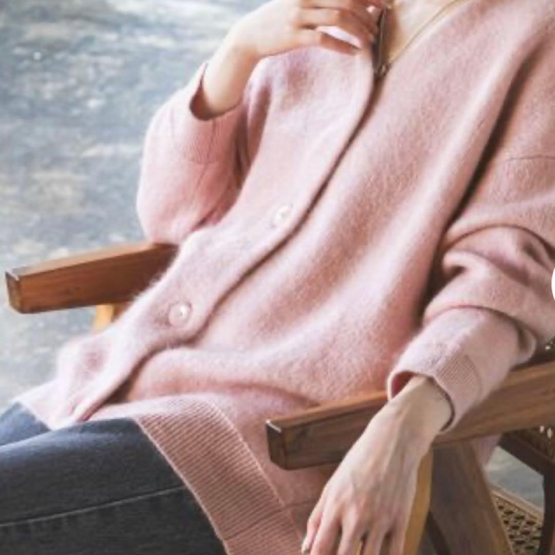 未使用タグ付き ノーブル モヘヤ 接結 ロングカーディガン ピンク