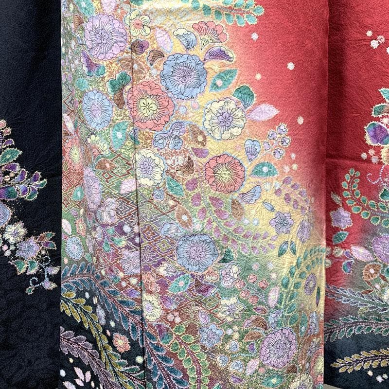 601z16〇小柄な方も 振袖 辻が花絞り染 地紋 赤 黒〇美品 成人式 結婚