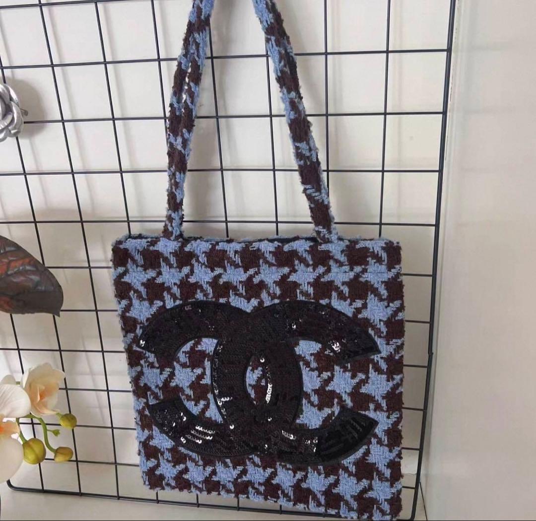 Y*.様 シャネル CHANEL 千鳥 ブルー スパンコール トートバッグ ノベ